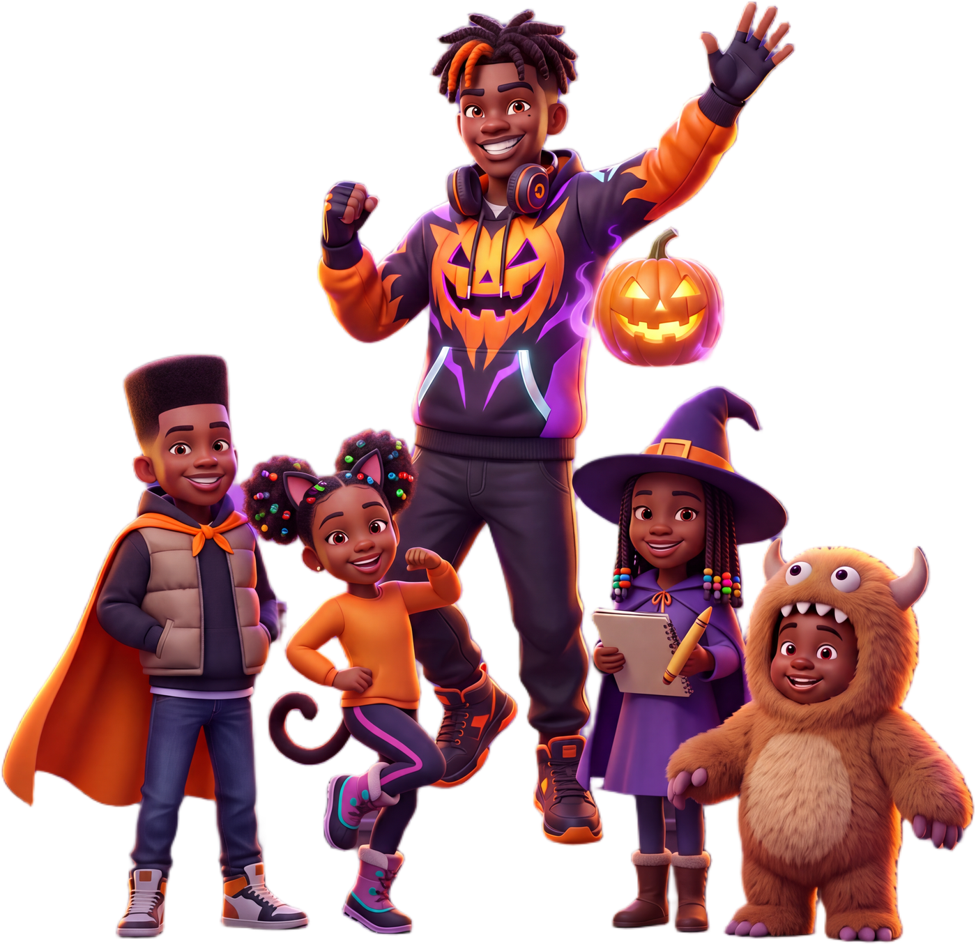 The crew: four kids in Halloween costumes