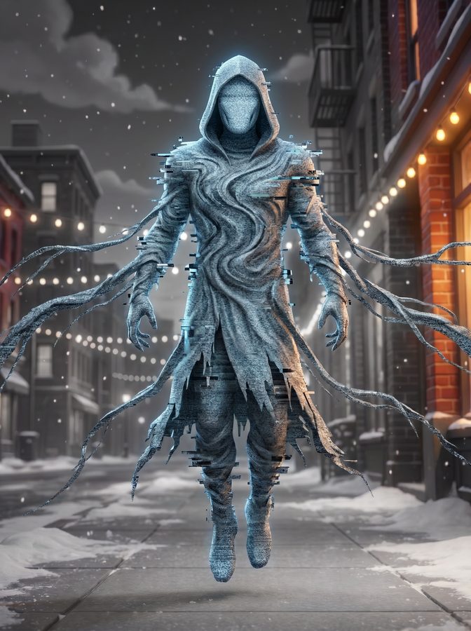 The Static, a looming hooded figure made of grey television static