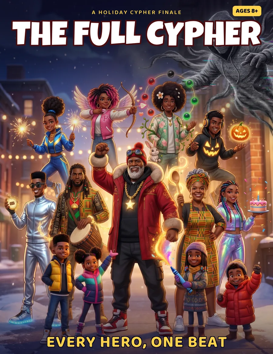 Cover of THE FULL CYPHER, the finale, showing all fourteen characters