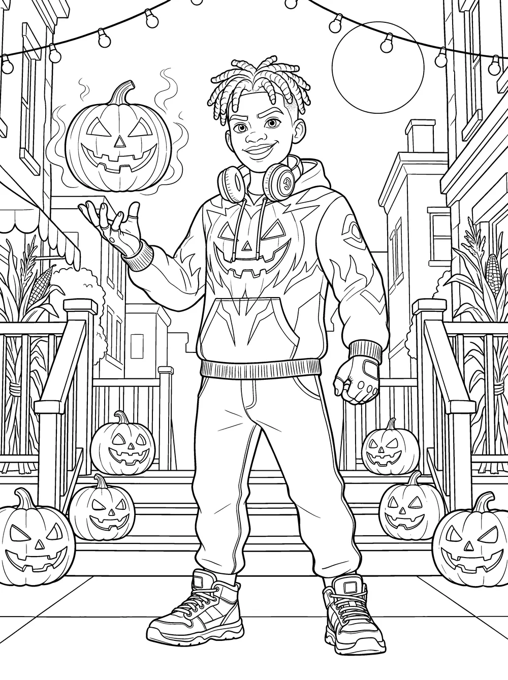 Coloring page 1: Jacko on a Halloween night sidewalk with his glowing jack-o'-lantern