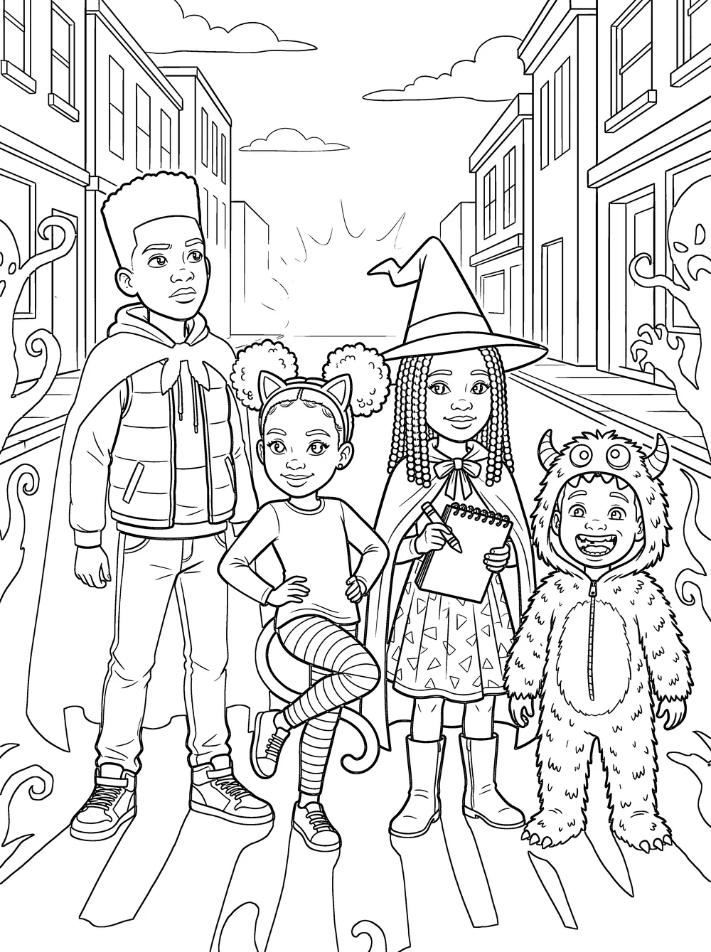Coloring page 6: the four kids standing together bravely on a dark block