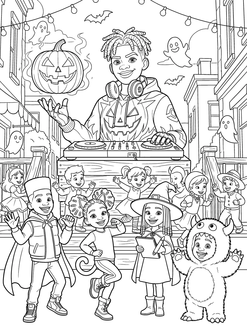 Coloring page 12: the block party with everyone dancing