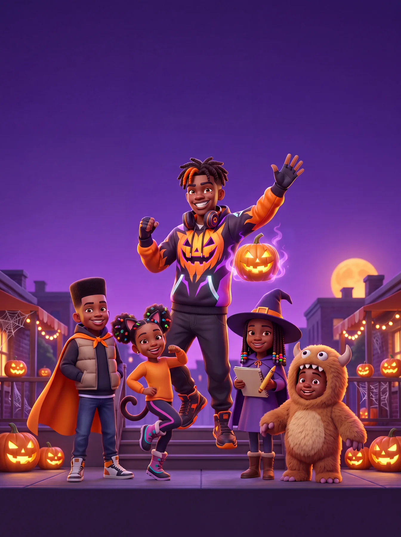 Jacko on a Halloween night block with his crew, jack-o'-lanterns glowing on every stoop